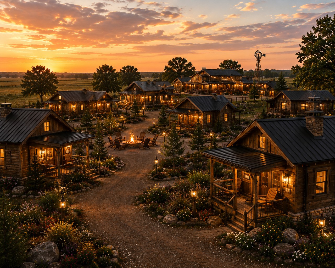 Overnight Cabins rendering at golden hour