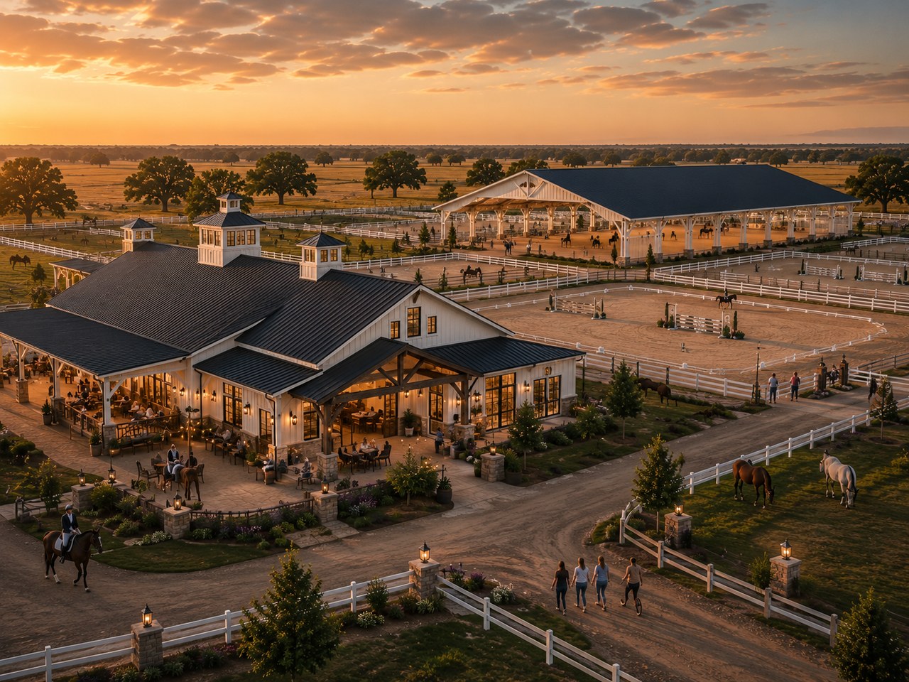 Equestrian Center rendering at golden hour
