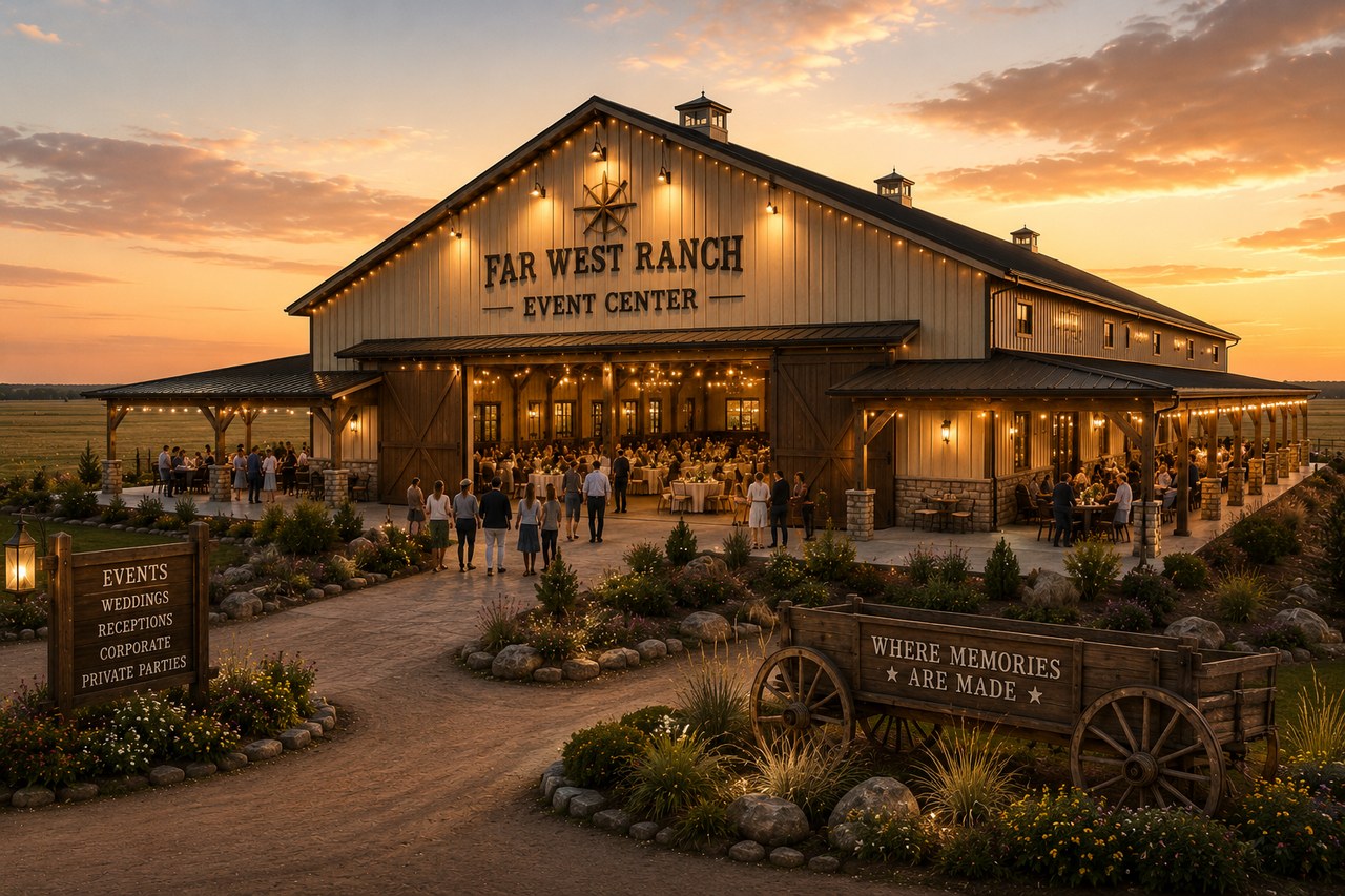 Event Venue rendering at golden hour