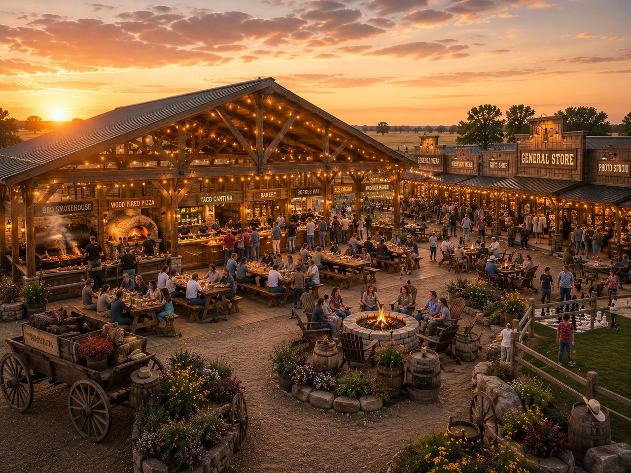 Food Courts rendering at golden hour