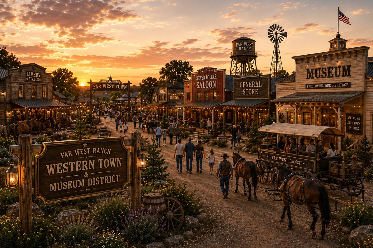 Western Town rendering at golden hour