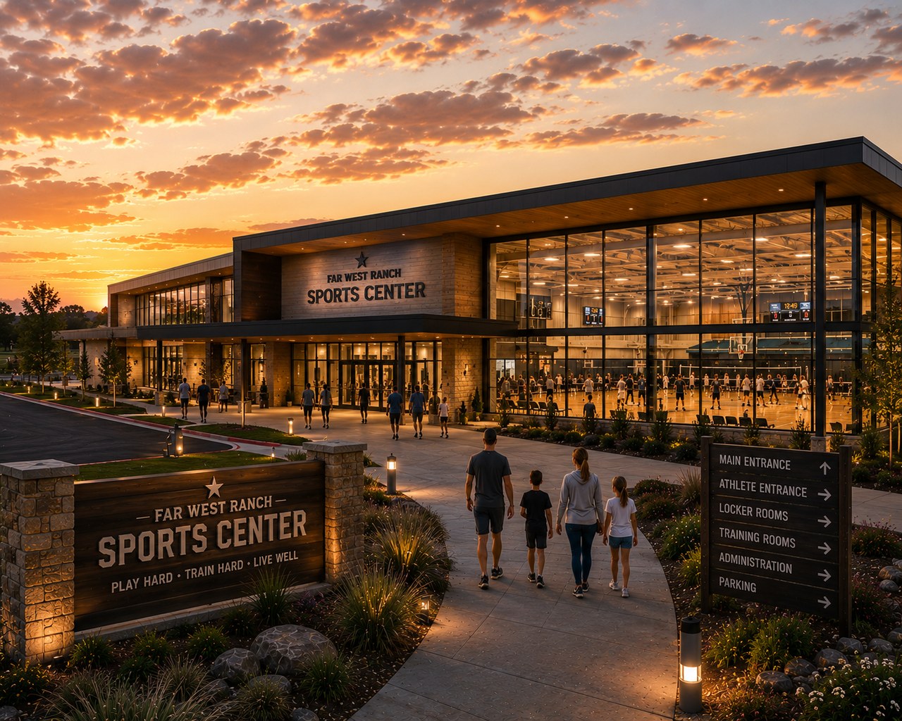 Sports Center rendering at golden hour