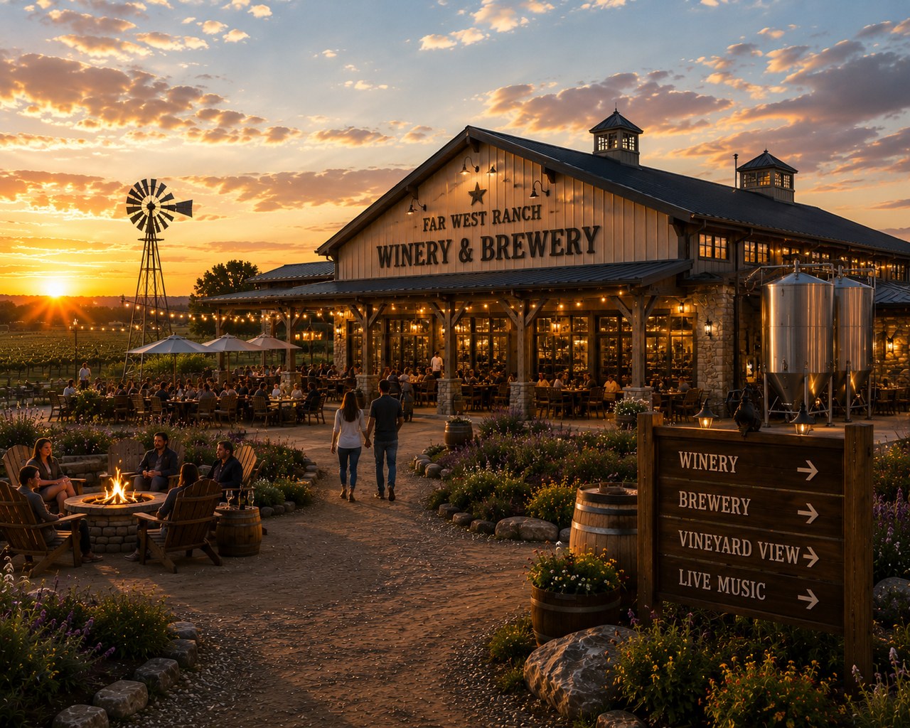 Wine & Brewery rendering at golden hour